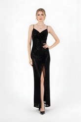 Monica | Sequined Thin Strap Long Evening Dress